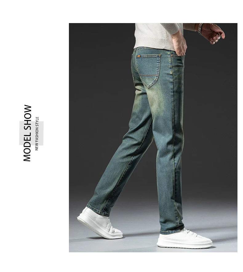 Premium Jeans Men's Autumn 2023 New Elastic High End Business Casual Old Vintage Straight Leg Jeans