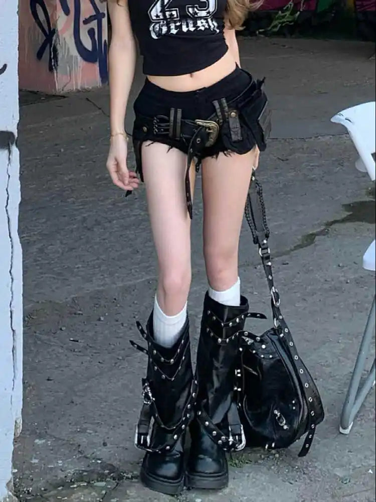 Summer Women Goblin Core Gyaru Coquette Low Rise Denim Shorts With Belt Japanese Harajuku Jean Hot Pants Dark Academia Kpop Y2k