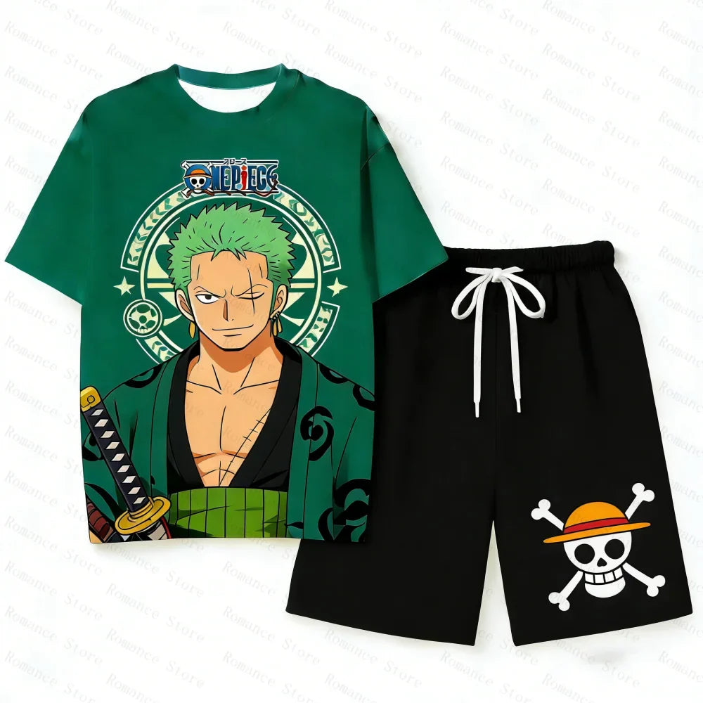 Anime One Piece Family Matching Outfits Ace Print Short Sleeve T-Shirt Shorts Set for Kids Adults Woman t-shirts and Shorts Set