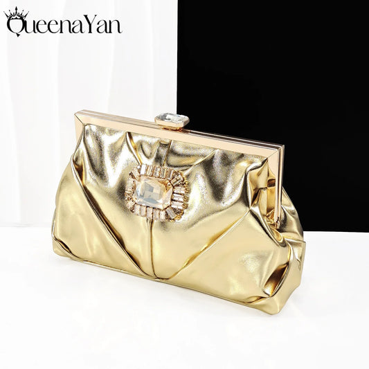 Shiny Gold Shoes and Bags Elegant Handbags and Mid Heels Beautiful Handmade Metal Decoration Wedding Party