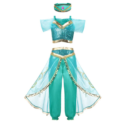 Jasmine Princess Dress Princess Dress Up Of Aladdin The Magic Lamp Costume Girls Birthday Party Halloween Fantasy Top Pants