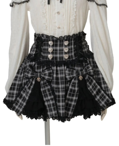 Liz Japanese New 2026 Spring Sweet Girl Heart Buckle Double Bow Lace Patchwork High-waisted Kawaii Elegant Princess Short Skirt