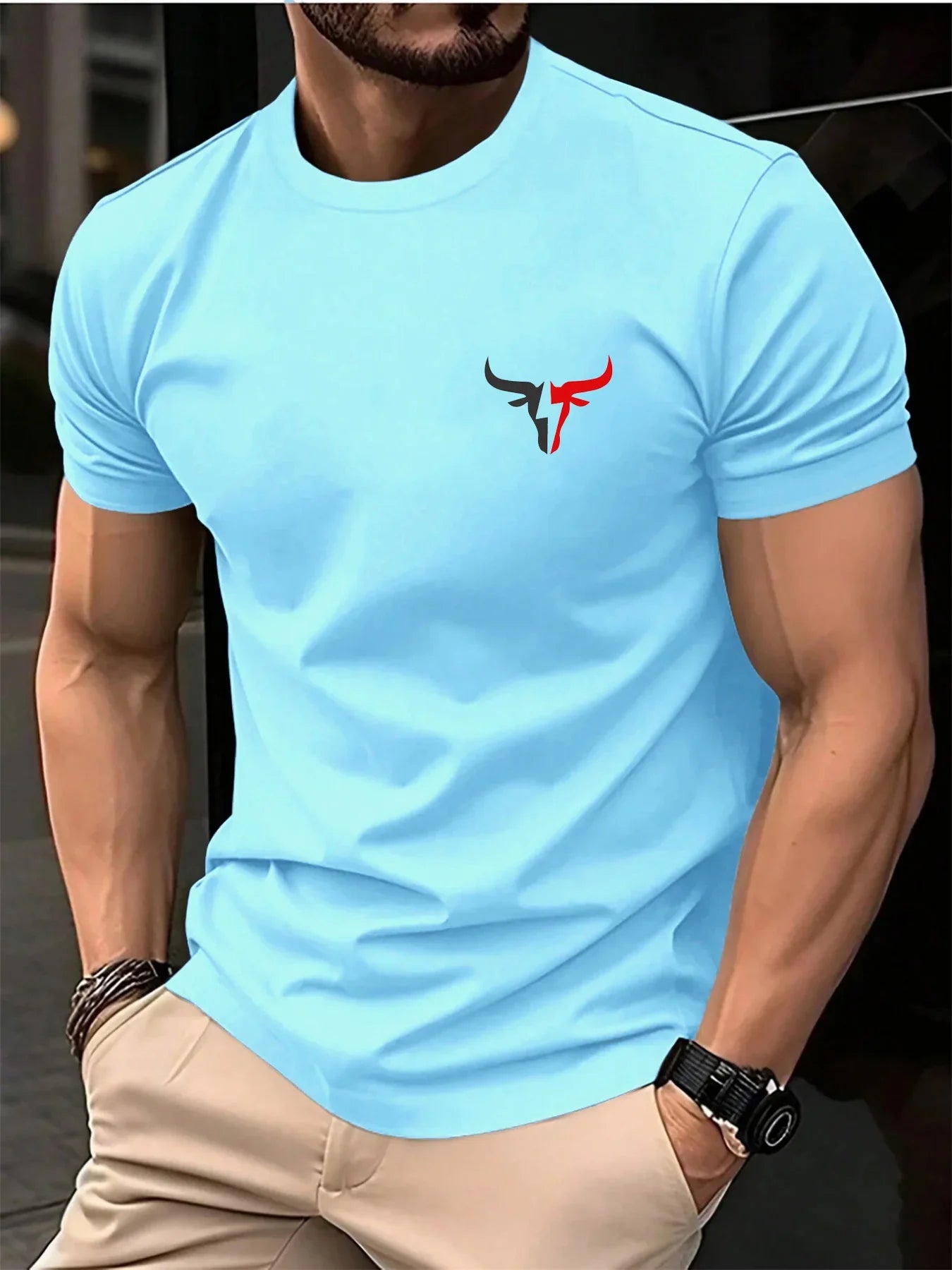 Summer men's 100 cotton casual loose plus size bull pattern printed sports comfortable round neck short sleeved T-shirt top