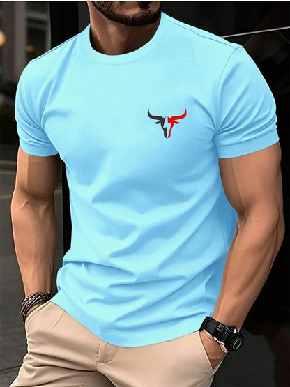 Summer men's 100 cotton casual loose plus size bull pattern printed sports comfortable round neck short sleeved T-shirt top
