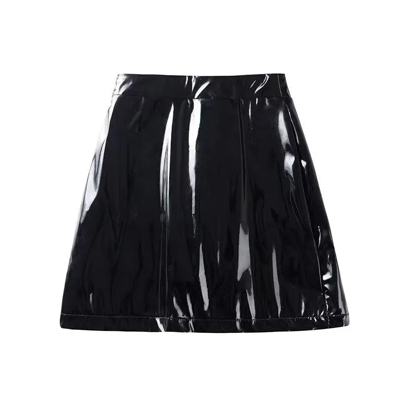 Black High Waist Leather Mini Skirt for Women Sexy Tight PU Reflective Daily Outfit Simple Style Suitable for All Seasons