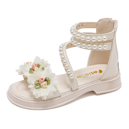 Children's Sandals Summer Bowtie Princess Shoes for Girls Fashion Sweet Kids Causal Pearl Roman Sandals Solid Color Hook Loop