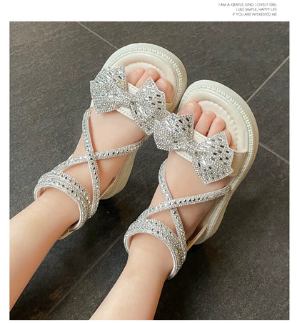 Girls' Shiny Cool Rhinestone Bowknot Children's Sandals 2023 Summer Open-toe Versatile Kids Fashion Back Zipper Casual Shoes New