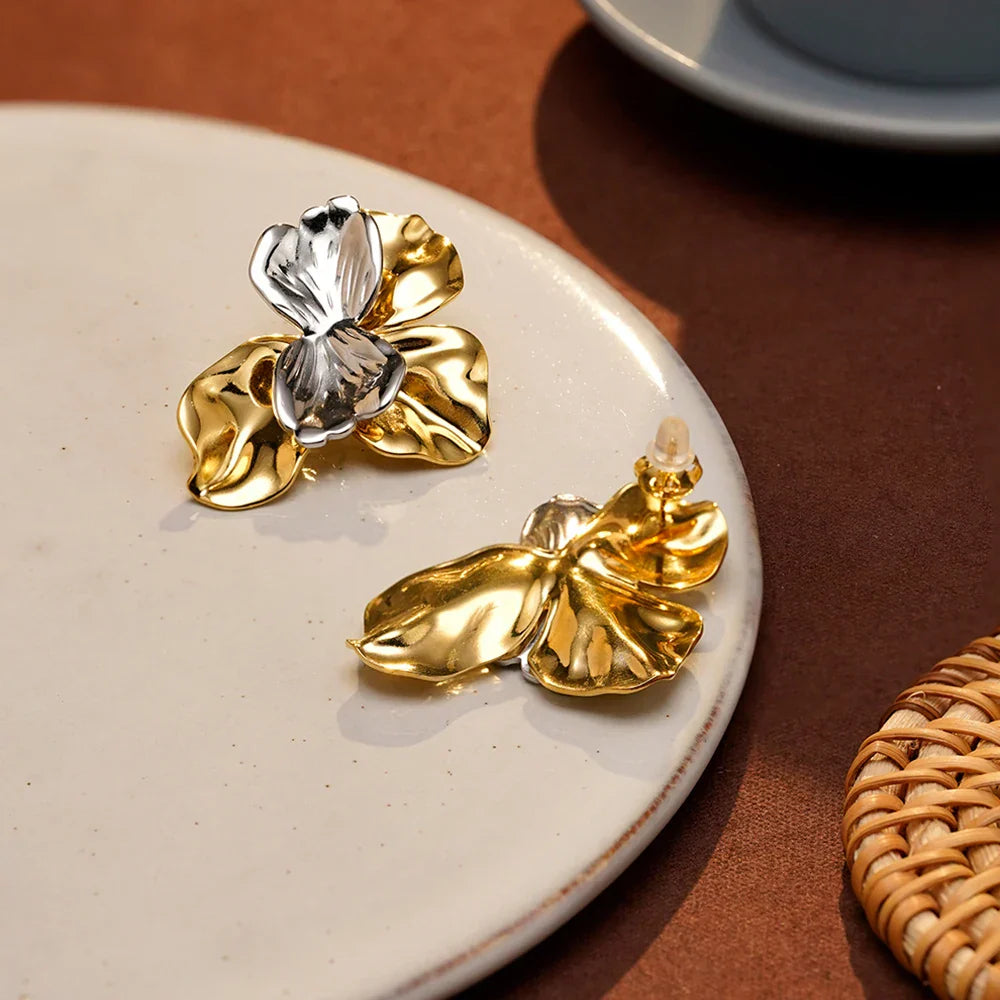 Two Tone Flower Stud Earrings For Women's Stainless steel 18K Gold Plated Fashion Dating E251745