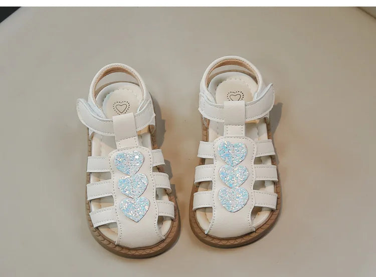 Kid Shoes Children Sandals Bling Heart-shape Summer Girl Princess Shoe Flat Heel Sandals Children Girls Performance Shoes I03022
