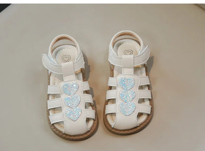 Kid Shoes Children Sandals Bling Heart-shape Summer Girl Princess Shoe Flat Heel Sandals Children Girls Performance Shoes I03022