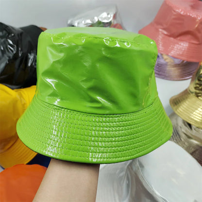 Colorful Shiny Leather Two Sided Fisherman Hat Women's and Men's Hip Hop Summer Sunshade Hat Foldable Bucket Hat