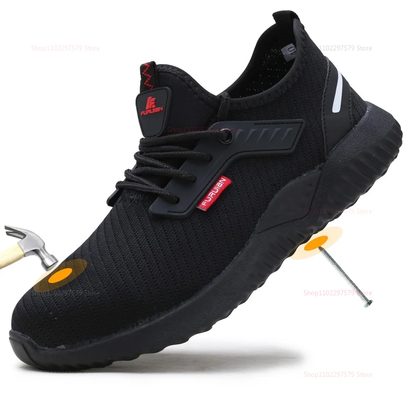 Steel-toe work shoes, puncture-resistant safety boots, sturdy industrial shoes, comfortable and breathable, and slip-resistant.
