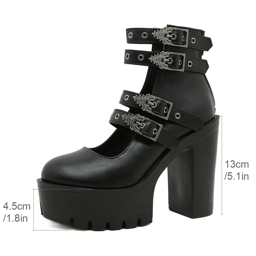 Goth Style Women Block Heels for Halloween Fashion Buckle Strap Dress Pumps Platform Mary Jane Shoes Stylish Back Zipper