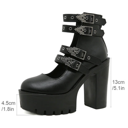 Goth Style Women Block Heels for Halloween Fashion Buckle Strap Dress Pumps Platform Mary Jane Shoes Stylish Back Zipper