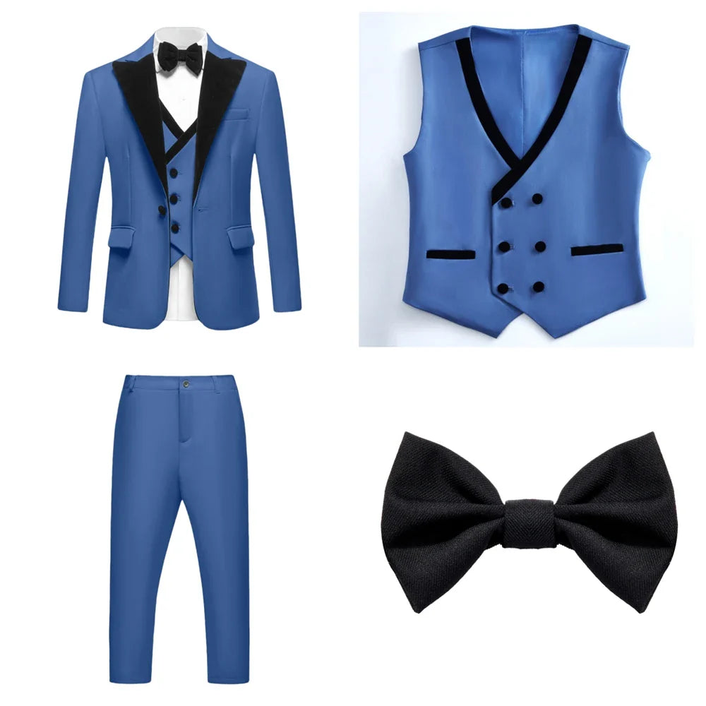 2025 Hotest Boys Formal Suit Set with Velvet Collar - One Button Blazer Vest Pants Bowtie - 3-14 Years Kids Graduation Tuxedo
