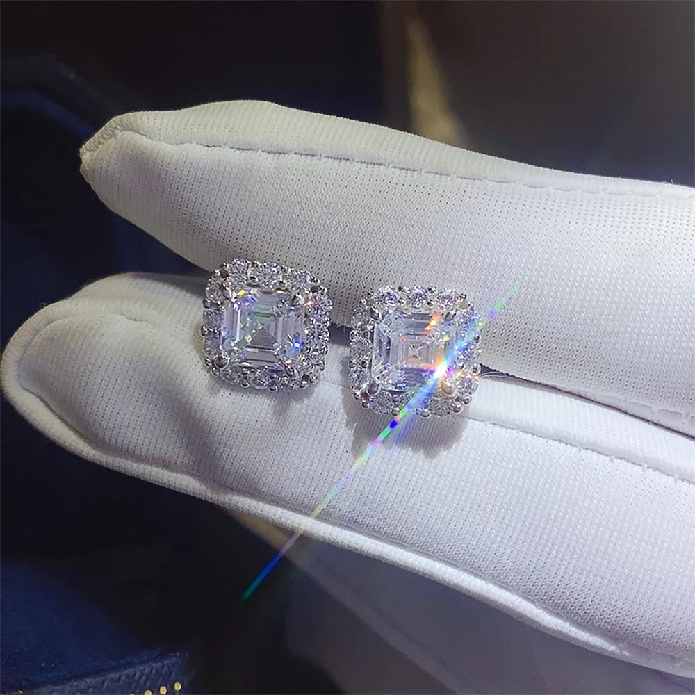 1/2carat Asscher Cut Moissanite Stud Earrings with Certificates Square Halo Diamond Earring for Women 925 Silver Fine Jewelry
