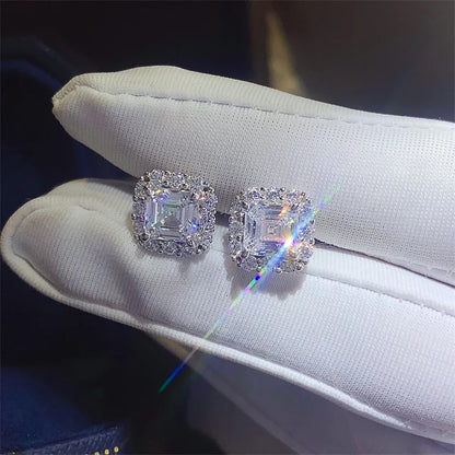1/2carat Asscher Cut Moissanite Stud Earrings with Certificates Square Halo Diamond Earring for Women 925 Silver Fine Jewelry
