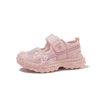 2026 summer new girls' bow mesh toe sandals soft and casual beach sandals children's outdoor walking non slip flat shoes