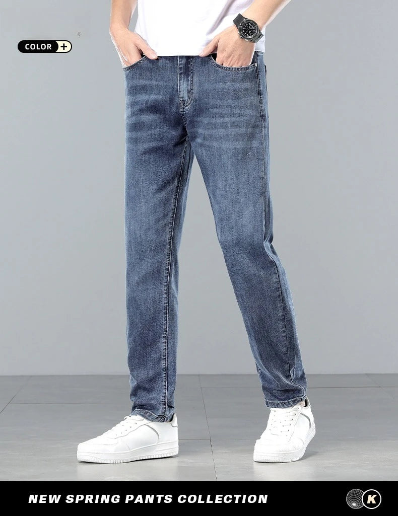  Brand Clothing Spring Summer Slim Men's Jeans Casual Breathable Cotton Fabric Stretch Denim Pants Blue Trousers Male Plus Size