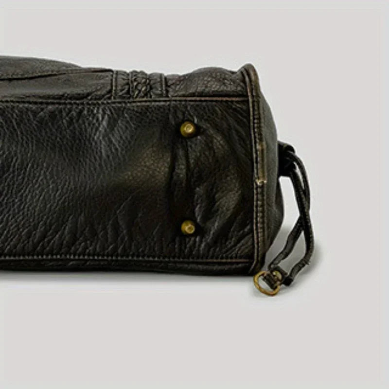 Braided Trim Black Leather Tote Bag with Gold Rivets & Front Zipper Pocket - Top Handle Work Purse for Women, Briefcase ﻿ ﻿