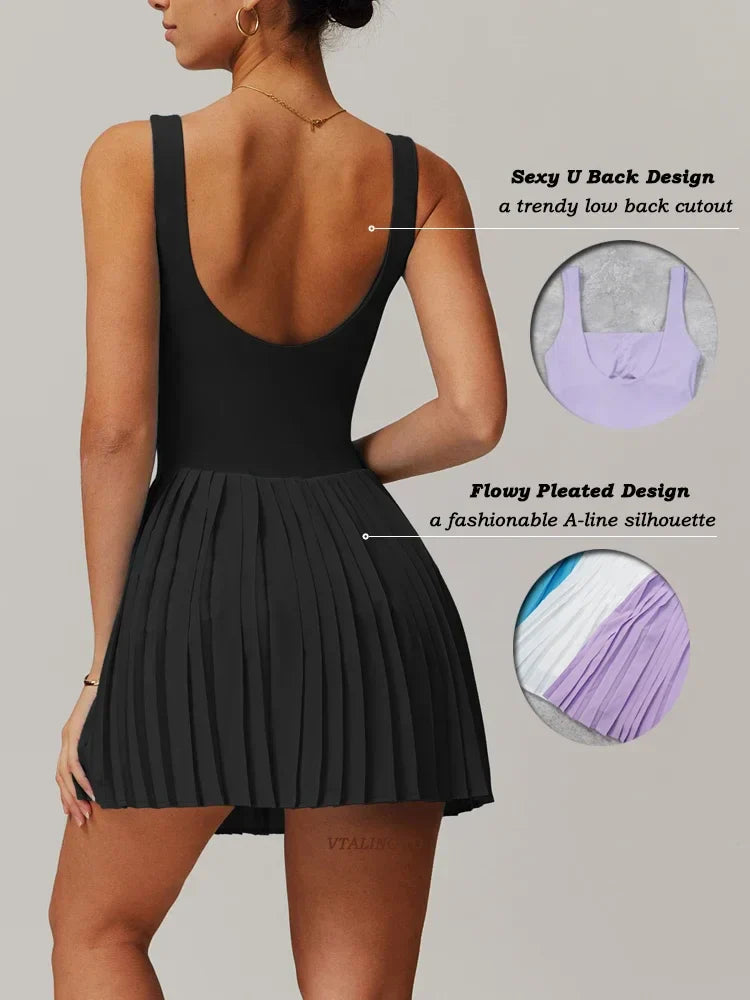 Workout Tennis Dress with Built in Shorts Square Neck Padded Workout Dress with Pockets Golf Athletic Mini Dresses