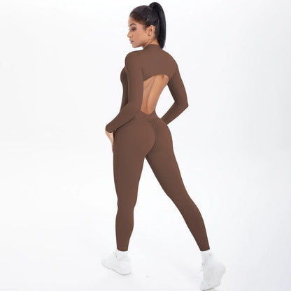 Solid Color Bodysuits for Woman's Backless Long Sleeved Zipper Yoga Jumpsuits High Dtrength Workout Sports Fitness Clothing Set