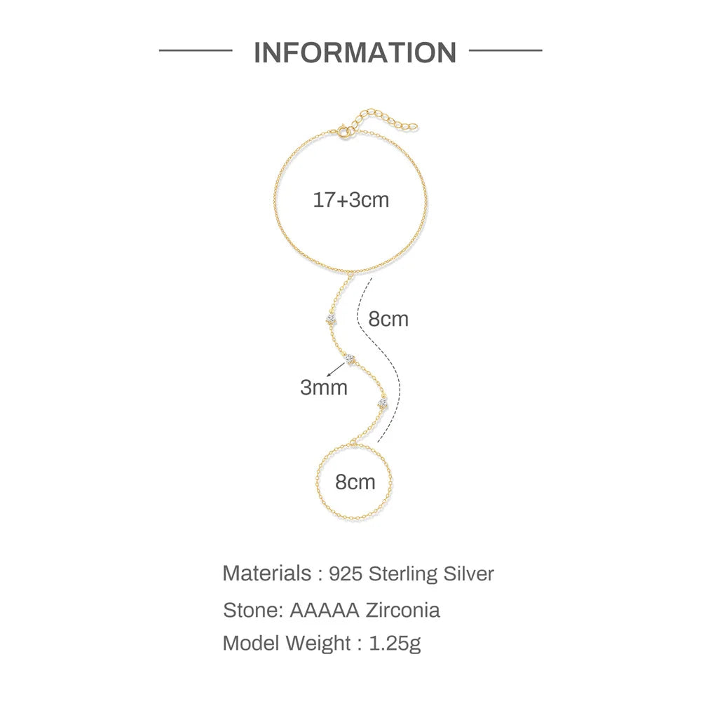 Dainty 5A Zircon Finger Ring Chain Bracelets Flower High Carbon Bracelet for Women Girl Adjustable s925 Silver Jewelry Gift