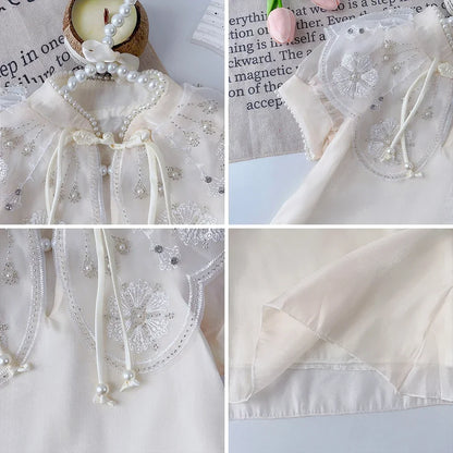 Summer New Chinese Style Elegant White Lace Flower Embroidered Short Sleeve Dress Sweet Girl's Clothes 2-7 Year Old Cheongsam