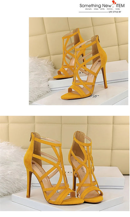 Women Roman Style Thin High Heels Pumps Pointed Toe Suede Hollow Strap Party Shoes Solid Ankle Zip Summer Sandals