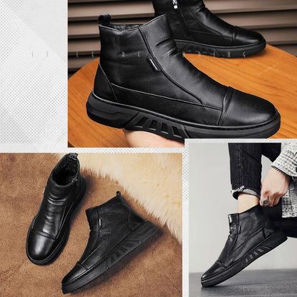 Winter Quality High Top Mens Leather Boots Zip Fashion Plush Warm Men Ankle Boots Soft Sole Male Casual Boots Platform Work Boot
