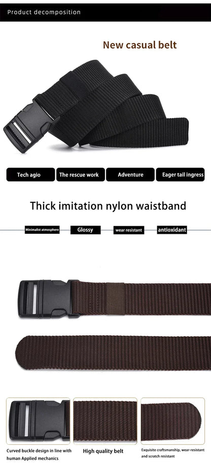 Men's Outdoor Tactical Belt - No Metal Buckle (Plastic), Nylon Canvas Woven, Heavy Duty High Quality Webbing