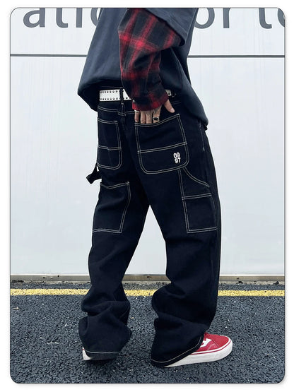 Retro Black Fashion Work Jeans Men Casual Straight-Leg Classic Work Denim Trousers Korean Brand Pant Men's Summer Pants