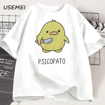 T Shirt Men Women Cute Duck with Knife Tshirt Casual Short Sleeve Cotton Printed Round Neck T-shirt Streetwear Loose