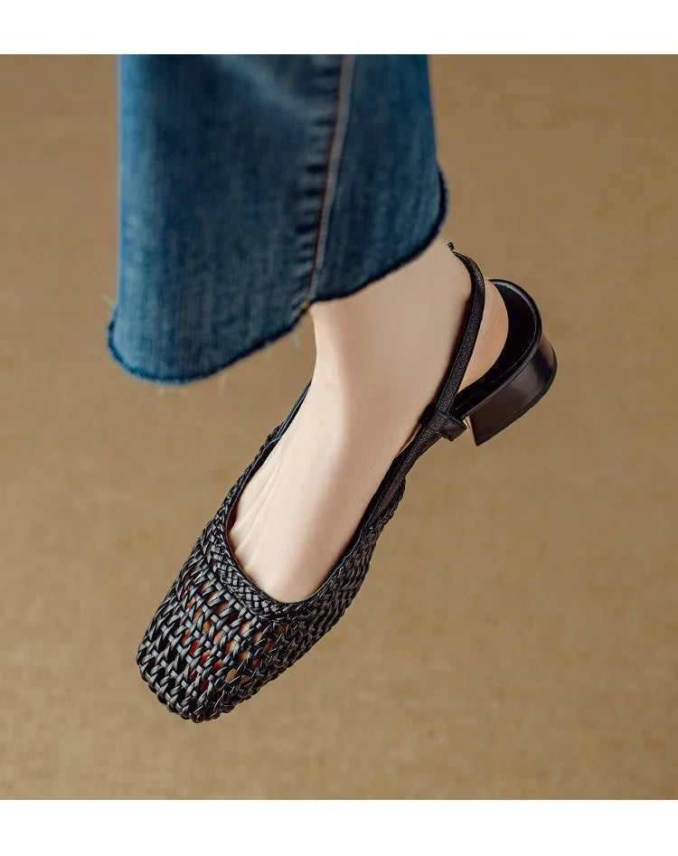 French square-toed woven high-heeled sandals, 2025 summer new skeletonized fashionable leather fabric mid-heel women's shoes