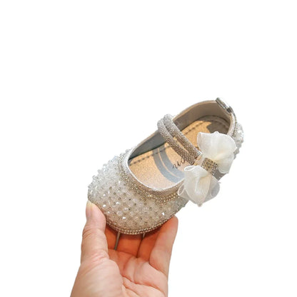 Girls Princess Shoes Lace Mesh Bows Kids Walking Shoes Non-slip Shiny Sequins 2025 New Children Flat Shoes Soft Sole Non-slip