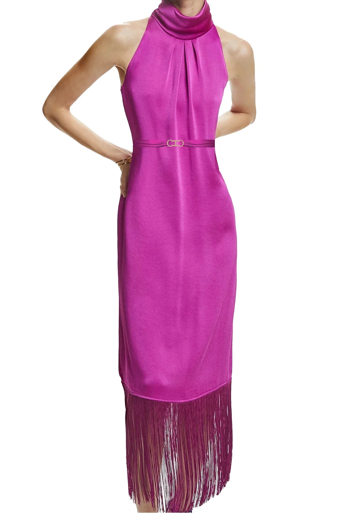 New Women Party Dress Hanging Neck Style Dress High Collar Sleeveless Fringe Skirt Hem Belt Evening Dresse