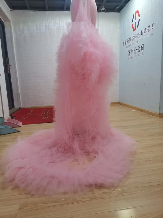 Unique Prom Dresses Custom Made Tulle Maternity Robes Women Photoshoot Evening Gowns Fluffy Tiered Tulle Robe Formal Party Dress