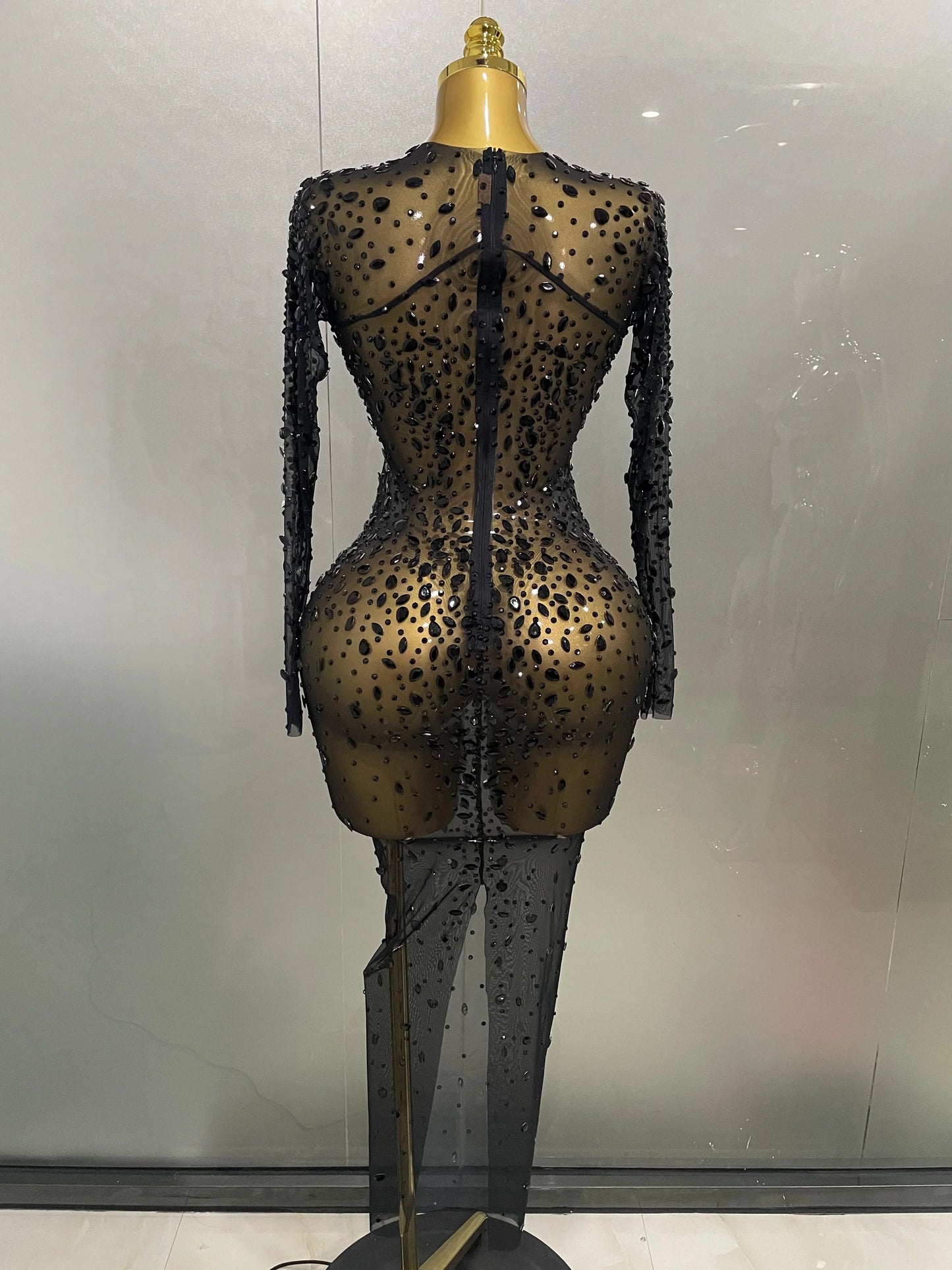 Shinny Rhinestone Stretch Mesh Transparent Long Dress 2025New Women Evening Birthday Party Prom Nightclub Singer Stage Wear