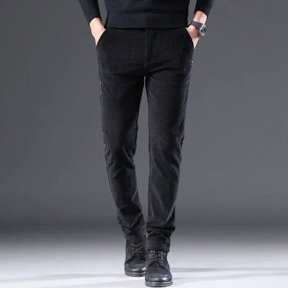Men's Corduroy Slim Casual Pants 2024 Autumn New Coffee Fashion Stretch Straight Trousers Solid Color Male Clothes