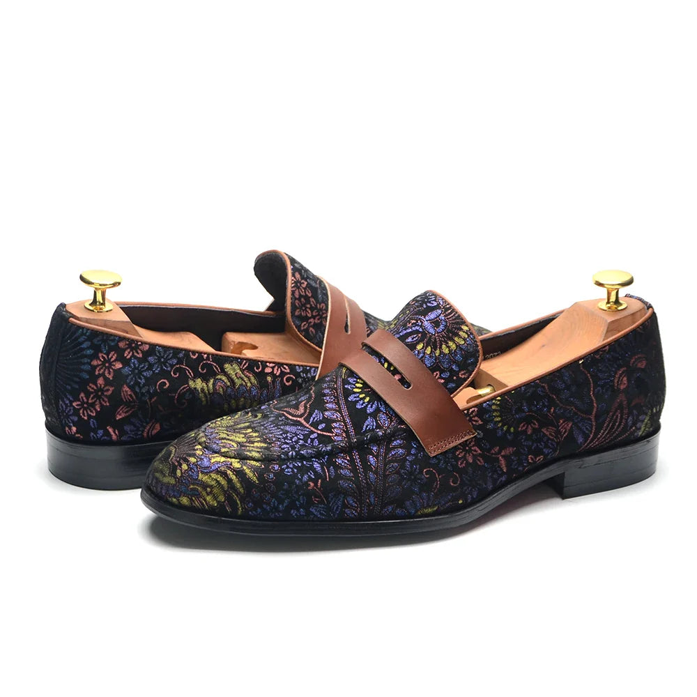 European Classic Men's Wedding Dress Shoes Soft Suede Leather with Flower Pattern Penny Loafers Banquet Party Formal Shoes Man