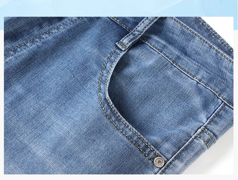Men's Ice Silk Denim Cargo Pants Summer New Thin Business Casual Jeans Outdoor Y2K All Match Slim Fit Straight Elastic Jean Male