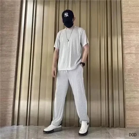 High-End Ice Silk Men's Sports Suit Casual Home Use Long Pants Short Sleeves Quick Drying Top Set Summer Collection
