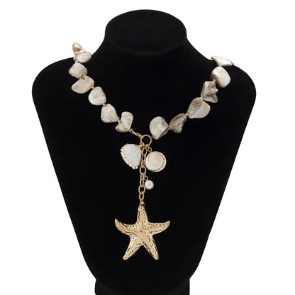 Retro Starfish White Shell Conch Pendant Necklace  Women 2024 Simple Creative Colorful Stones  Hand Woven beach Jewelry Girls