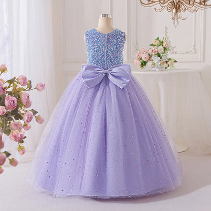 Vestidos de Festa de Daminha de Verão com Lantejoulas para Meninas Elegante Laço Vestido de Aniversário de Casamento para Meninas Baile de Formatura Gala Concurso Noite Roupa Infantil