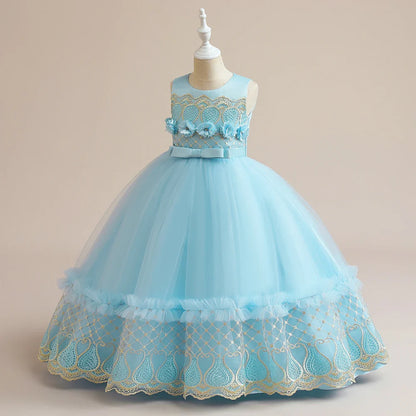 Summer Flower Bridemaid Girl Dresses Elegant Embroidery Princess Party Wedding Evening Dress for Girls Bow Birthday Prom Costume