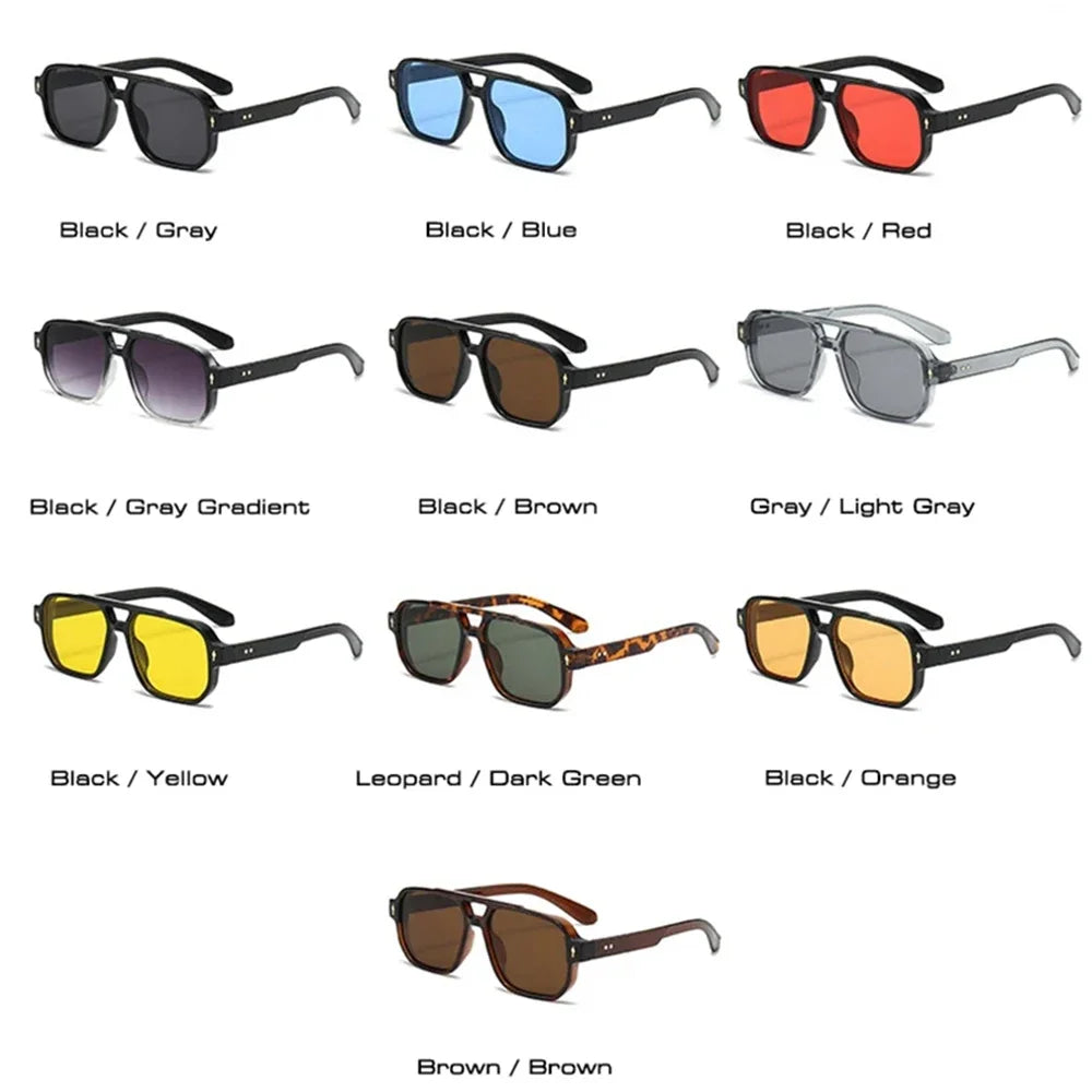 Vintage Double Bridges Men Square Sunglasses Fashion Green Ocean Lens UV400 Eyewear Women Trending Rivets Sun Glasses