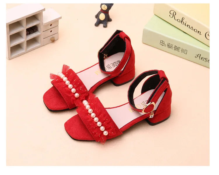Girls Sandals Summer Shoes Cute Pearls Roman Shoes Pink Black Beading Open-toe Kids Fashion Girls Party Sandals Kids Shoes Chic