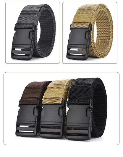 Men's Outdoor Tactical Belt - No Metal Buckle (Plastic), Nylon Canvas Woven, Heavy Duty High Quality Webbing