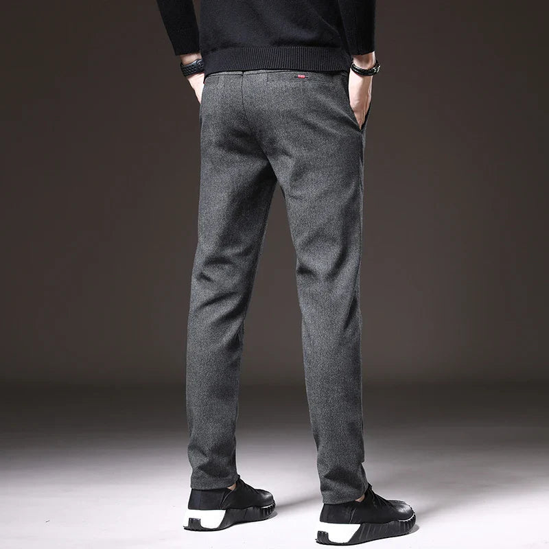 Autumn Winter Thick Men's Casual Pants Brushed Fabric Straight Slim Business Fashion Trousers Stretch Korean Male Clothing