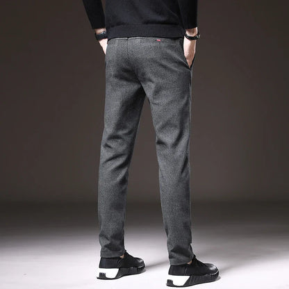 Autumn Winter Thick Men's Casual Pants Brushed Fabric Straight Slim Business Fashion Trousers Stretch Korean Male Clothing